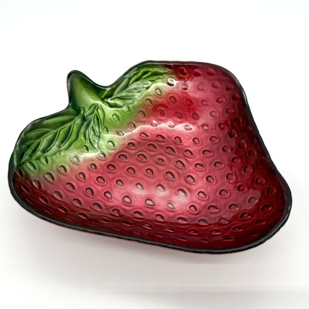 AKCAM Turkish Hand Made Art Glass Bowl Red Green 6" Strawberry Shallow Bowl VNTG